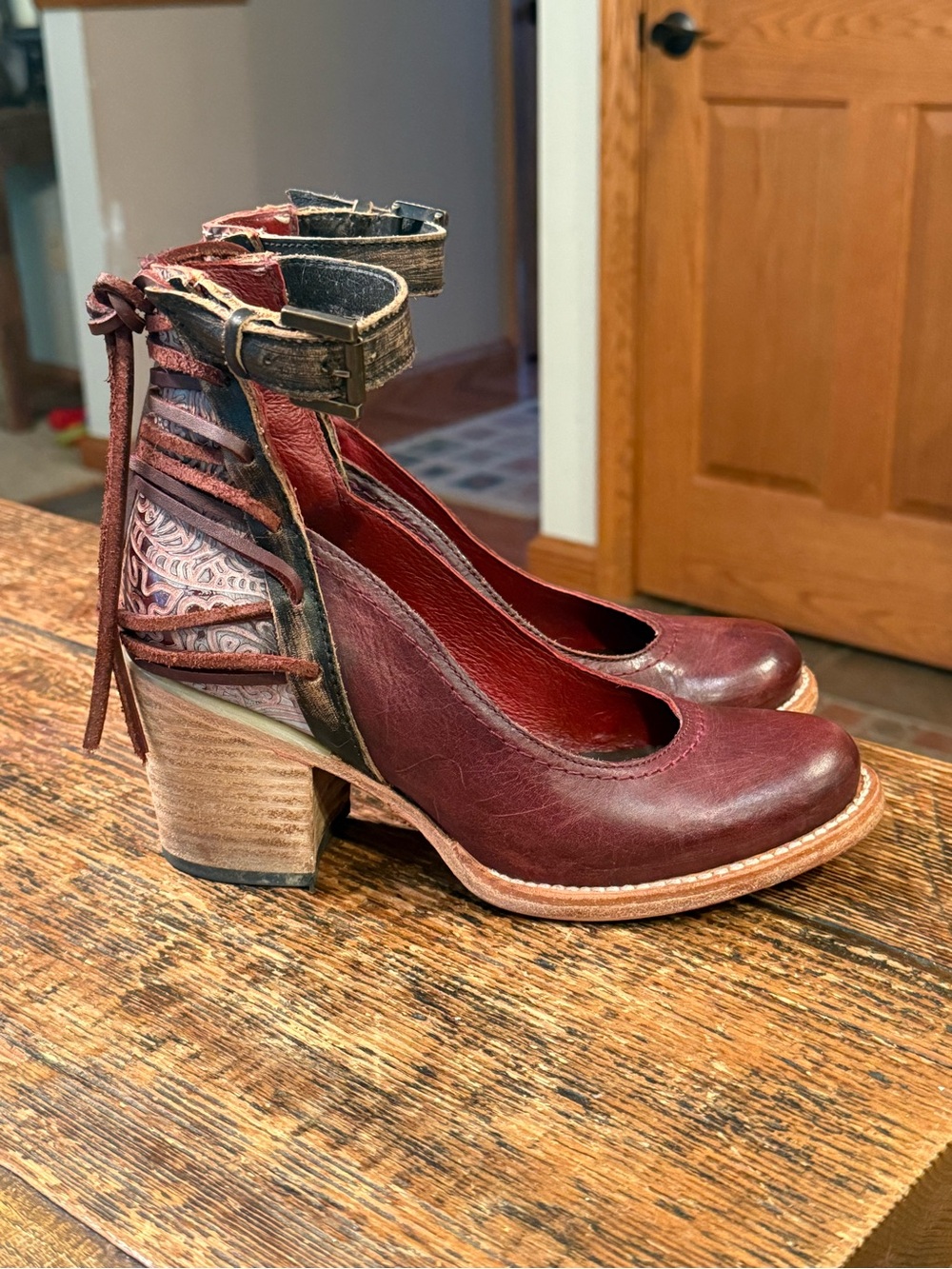 Freebird by Steven Raeanne Burgundy Leather Ankle-Strap Block Heels